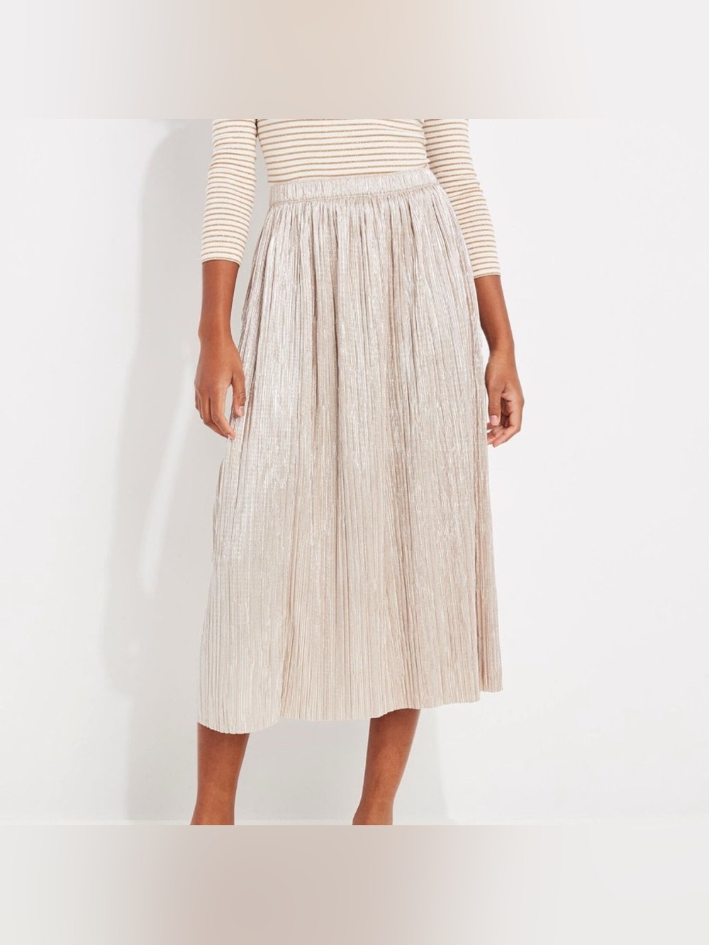 Vineyard Vines Metallic Gold Pleated Midi Skirt in Champagne Beige size medium